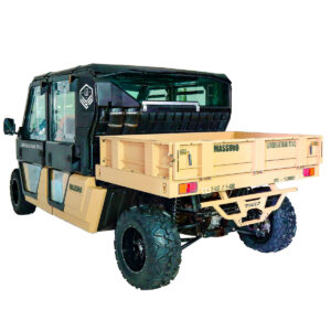 A utility vehicle with a cargo bed on the back.
