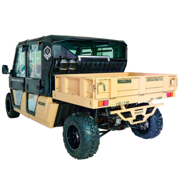 A utility vehicle with a cargo bed on the back.