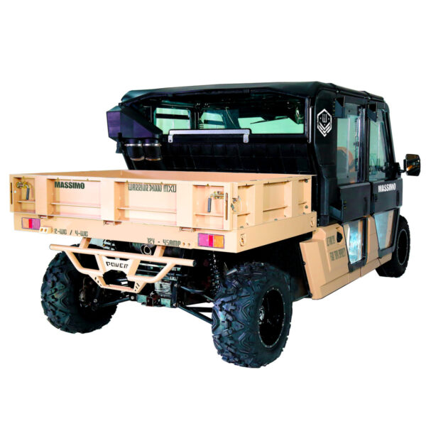 A utility vehicle with a flat bed and side cargo area.
