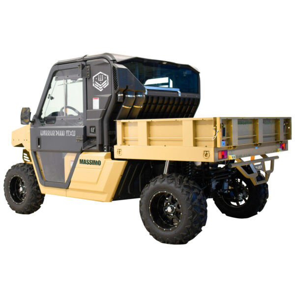 A yellow and black utility vehicle with a cargo bed.