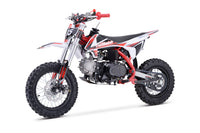 A dirt bike is shown with red accents.