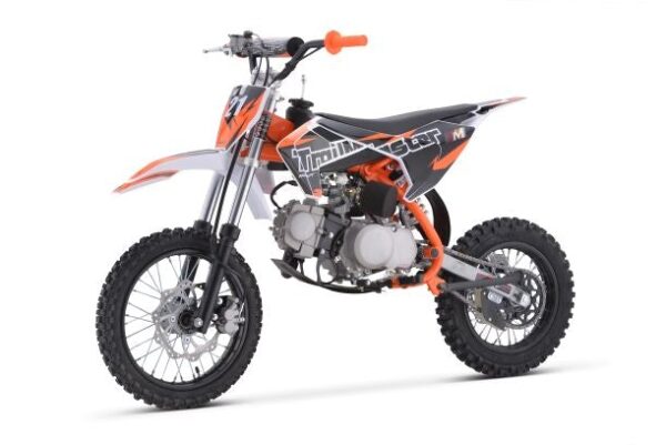 A dirt bike is shown with orange accents.