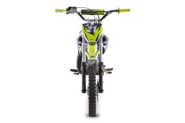A dirt bike is shown with the front wheel up.
