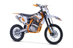 A motorcycle is shown with orange accents on the side.