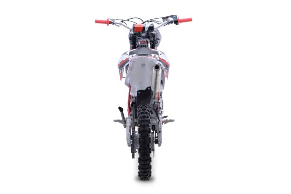 A dirt bike is shown with the rear view of it.