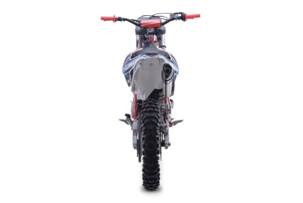 A dirt bike is shown from the rear.