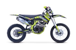 A dirt bike with neon green accents on it.