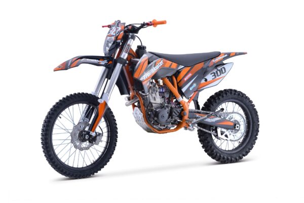 A dirt bike is shown with orange and black paint.