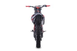 A dirt bike is shown with the rear tire down.
