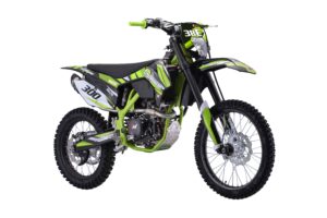 A dirt bike is shown with neon green accents.