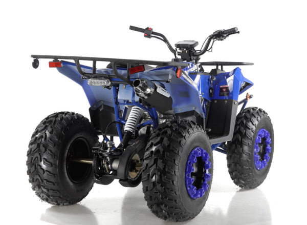 A blue and black atv with big tires