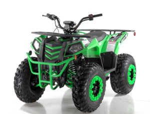 A green atv is shown with its front tire raised.