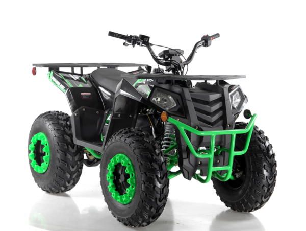 A black and green atv with a rack on the back of it.