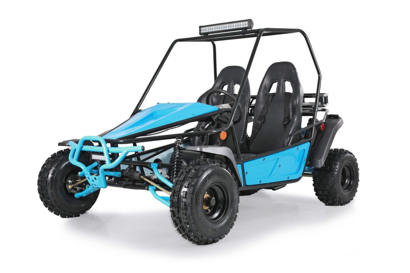 A blue and black go kart is parked on the ground.