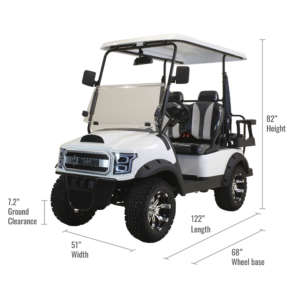 A white golf cart with a black background