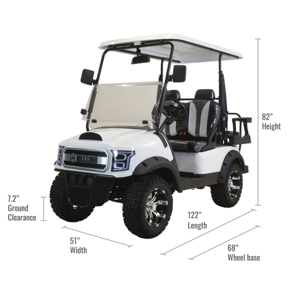 A white golf cart with a black background