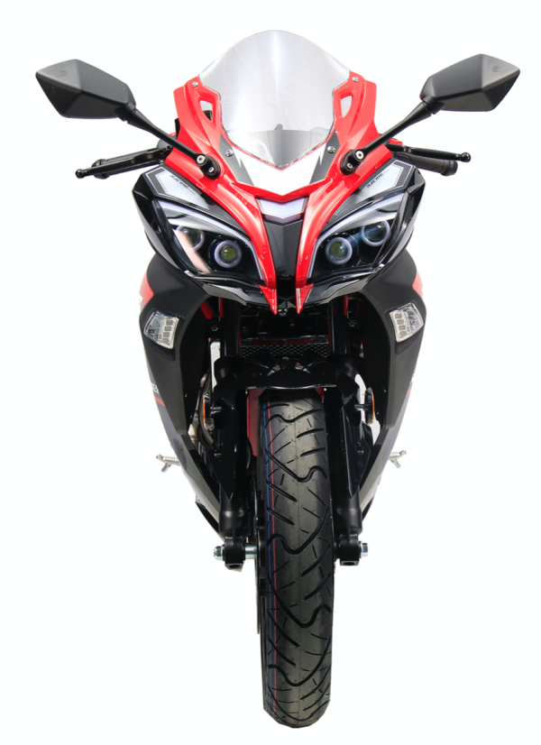A red and black motorcycle is shown from the front.