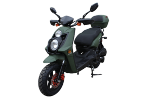 A green scooter with black wheels and a seat.