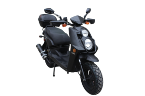 A black scooter with two helmets on the front.