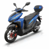 A blue scooter with black accents and red trim.