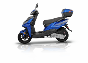 A blue scooter with a black seat and back.