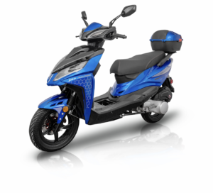 A blue scooter with black accents and a seat.