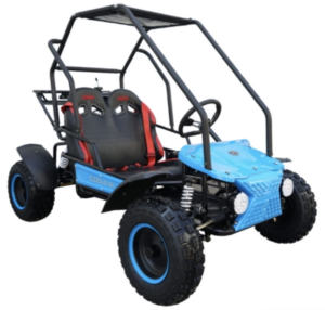 A blue and black buggy with a top up.
