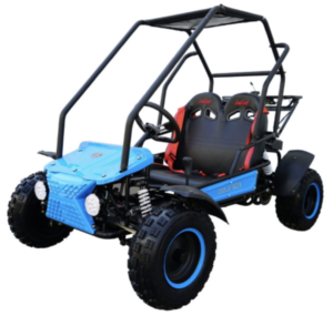 A blue and black go kart with a top up.