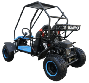 A black and blue go kart with a top that has no roof.