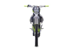 A dirt bike is shown with the front tire raised.