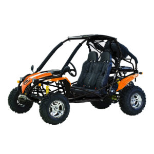 A picture of an orange and black go kart.