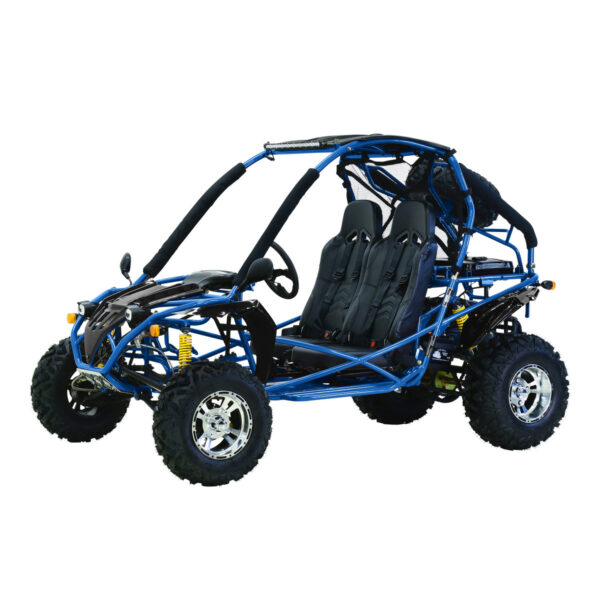 A blue and black go kart is parked on the ground.