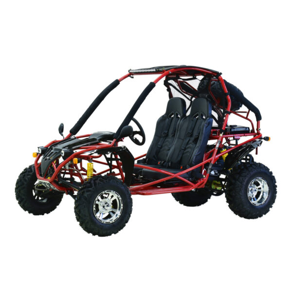 A red and black go kart with two seats.