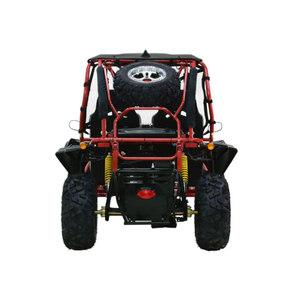 A red and black buggy is shown from the front.