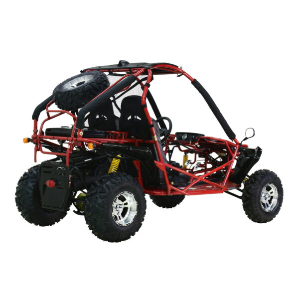 A red and black go kart is parked on the ground.