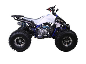 A white and blue atv is shown in this picture.