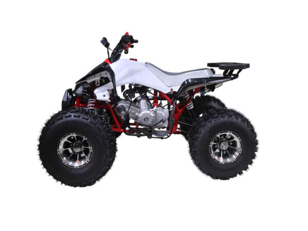 A white and red atv is shown in this image.