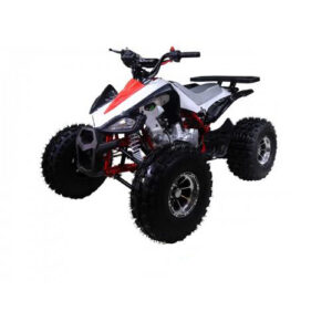 A white and red atv is shown with big tires.