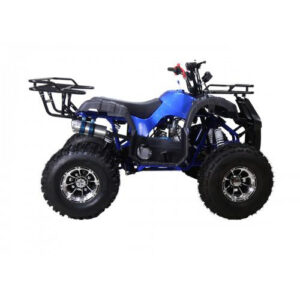 A blue atv with black tires and a black seat.