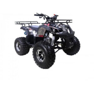 A black and silver atv with two racks on the back.