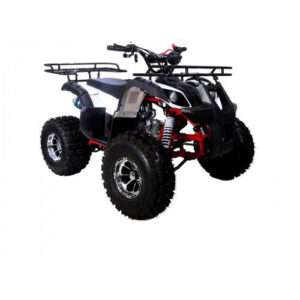 A black and red atv with two racks on the back.