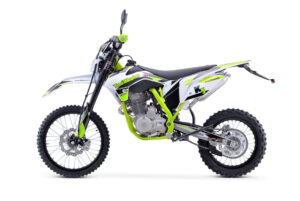 A motorcycle with neon green accents is parked on the ground.