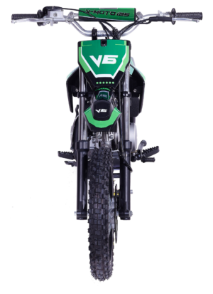 A green and black motorcycle is shown from the front.