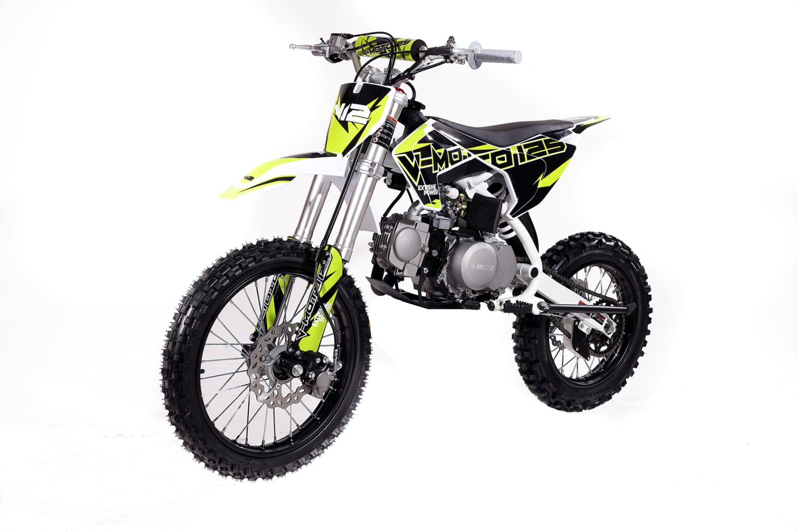 A dirt bike is shown with its wheels down.