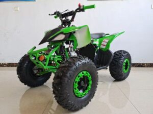 A green and black atv is parked in the room.