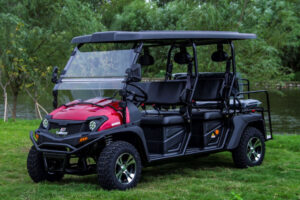 A red and black golf cart parked in the grass.