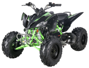 A green and black atv is parked on the ground