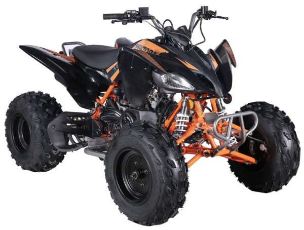 A black and orange atv is parked on the ground