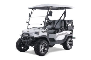 A golf cart with a canopy is parked.