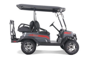 A golf cart with a top that is open.